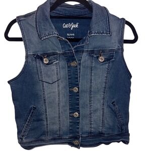 Cat Jack Denim Vest Kids Girls XL 14 16 BlueJean Sleeveless Button Front Pockets